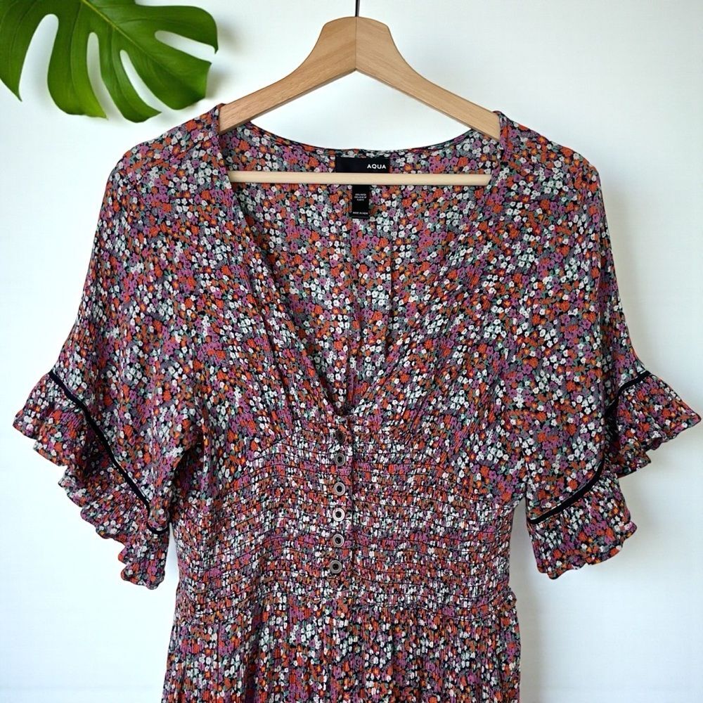 AQUA Floral Ruffle Sleeve Smocked Wide-Leg Jumpsuit - Picture 6 of 14